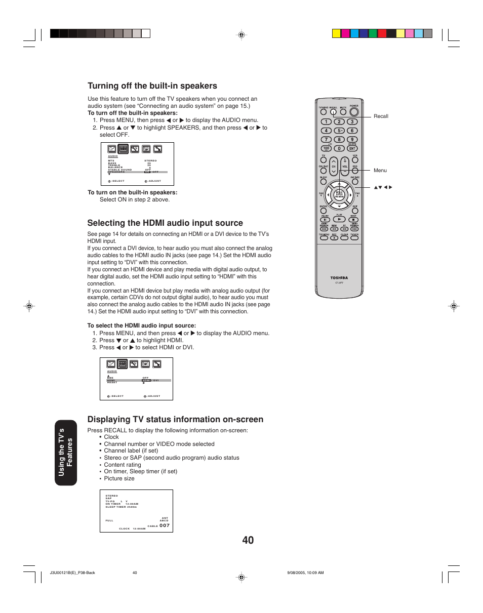 Displaying tv status information on-screen, Selecting the hdmi audio input source, Turning off the built-in speakers | Using the tv ’s features | Toshiba 34HF85 User Manual | Page 40 / 44
