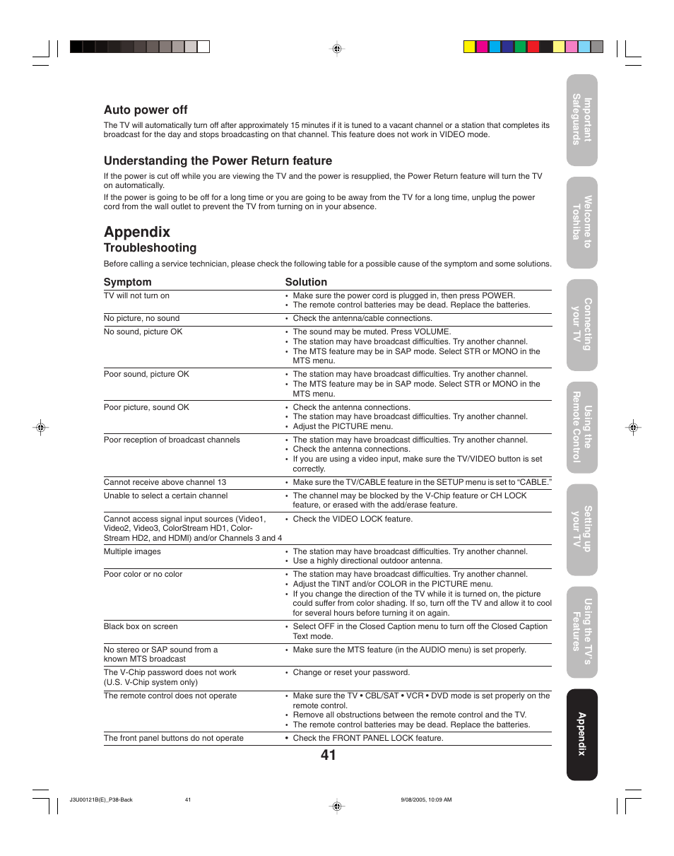 Appendix, Troubleshooting, Auto power off | Understanding the power return feature | Toshiba 34HF85 User Manual | Page 41 / 44