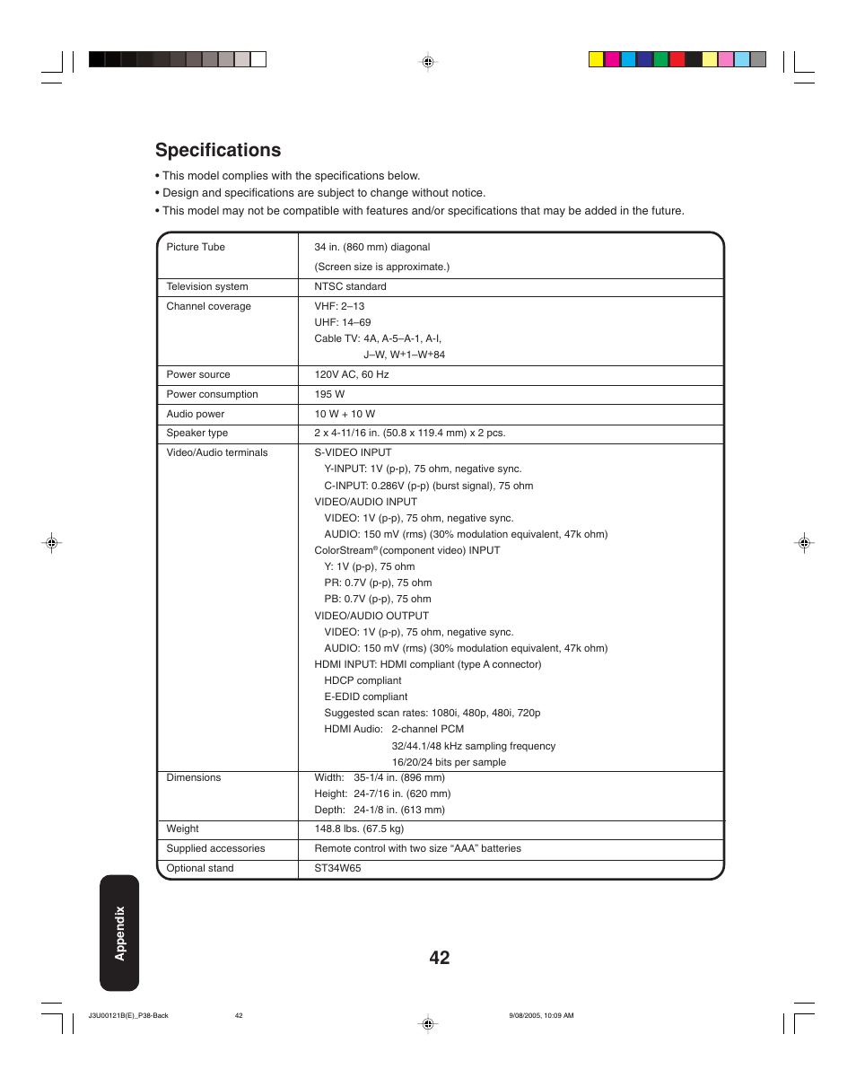 Specifications | Toshiba 34HF85 User Manual | Page 42 / 44