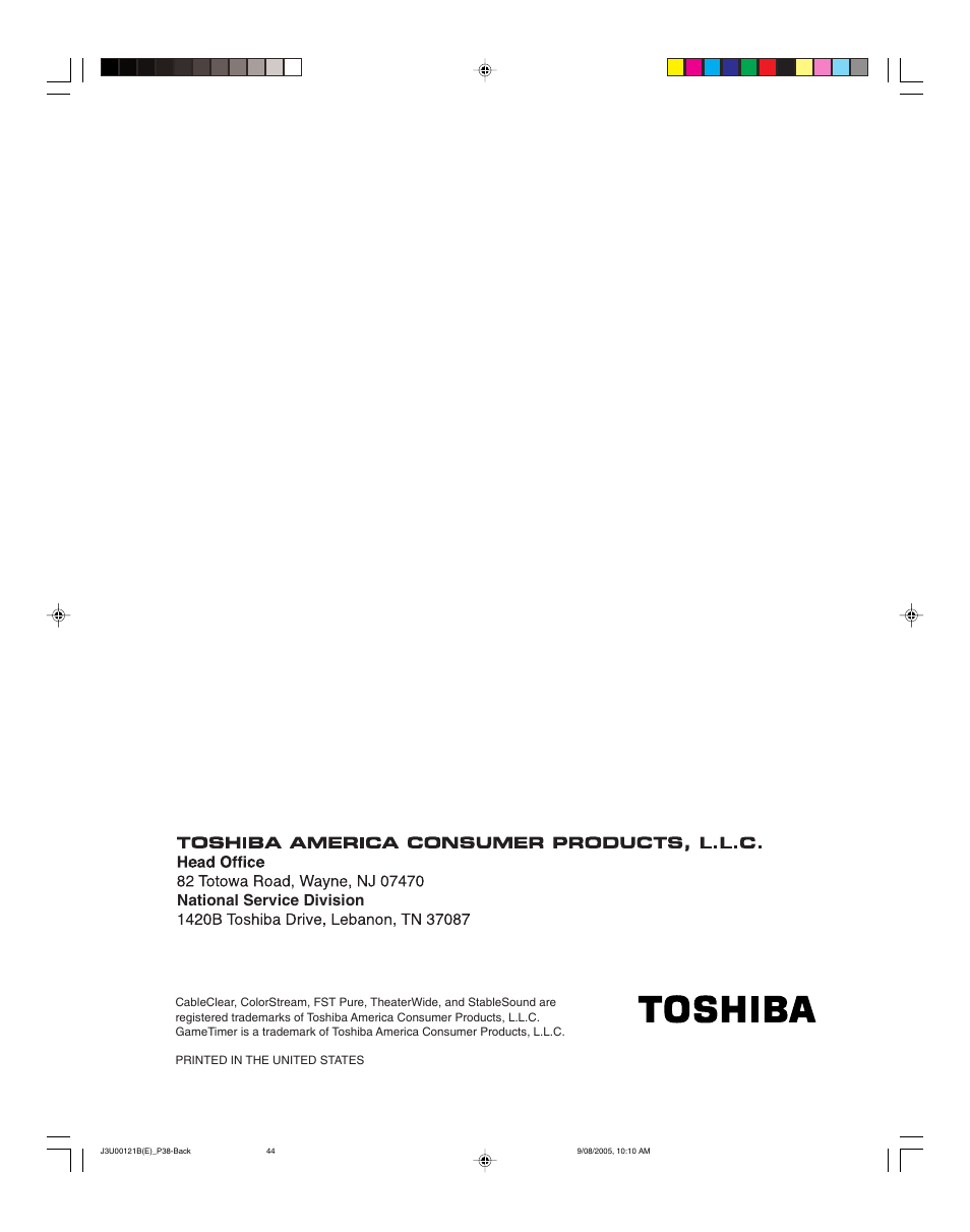 National service division | Toshiba 34HF85 User Manual | Page 44 / 44