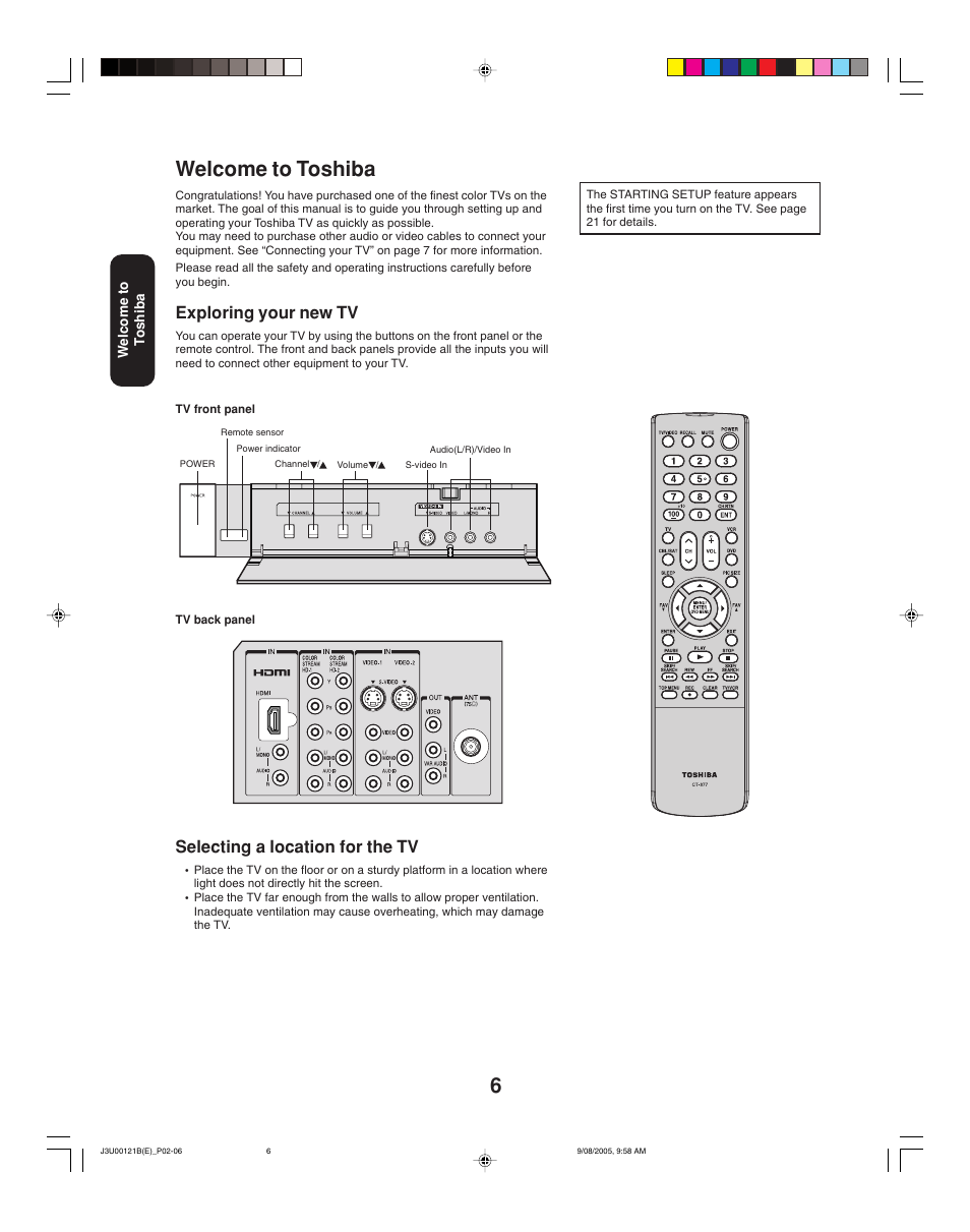 Welcome to toshiba, Selecting a location for the tv, Exploring your new tv | Toshiba 34HF85 User Manual | Page 6 / 44