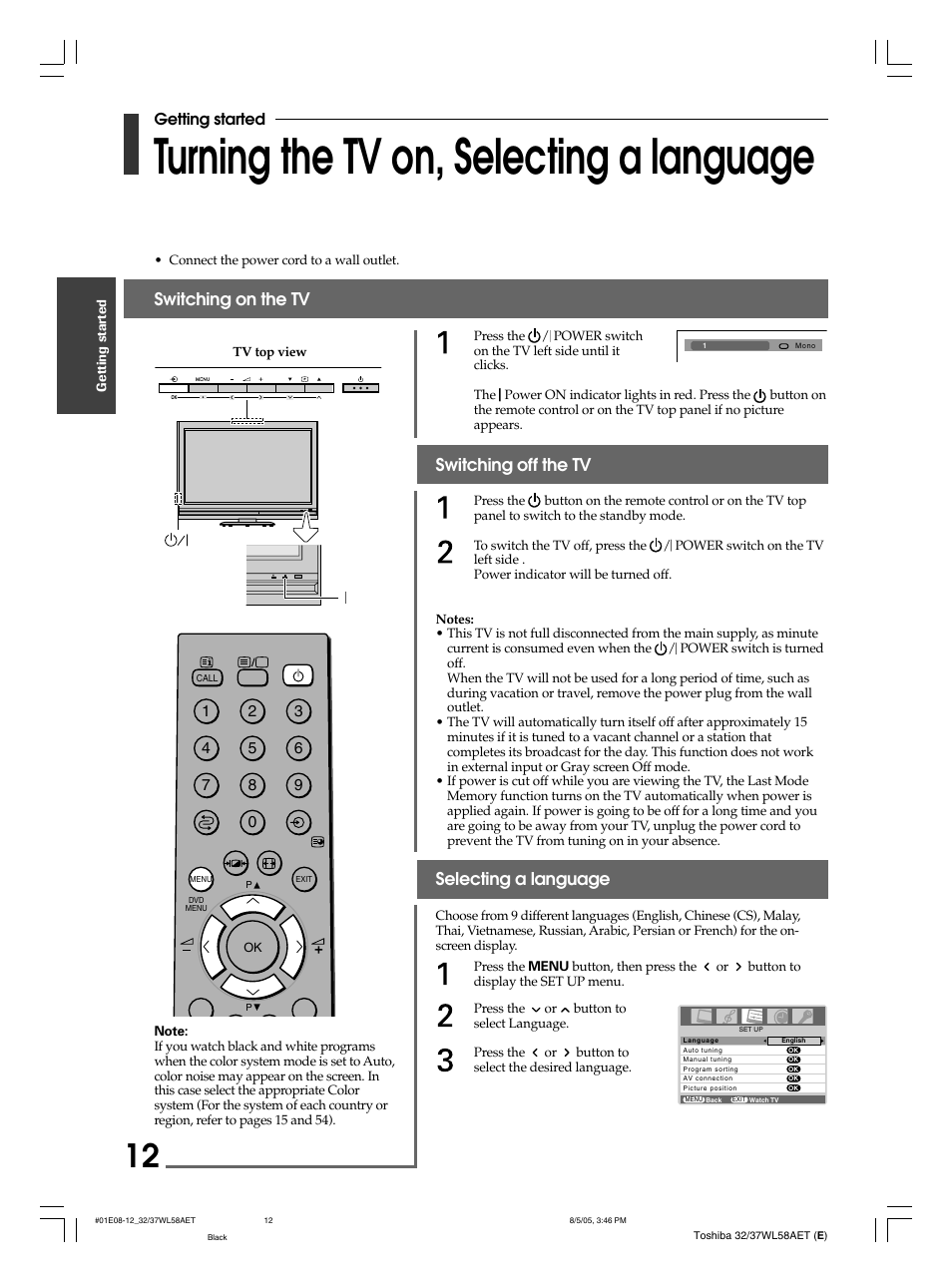 Turning the tv on, selecting a language, Switching on the tv, Switching off the tv | Selecting a language, Getting started | Toshiba 32WL58E User Manual | Page 12 / 56