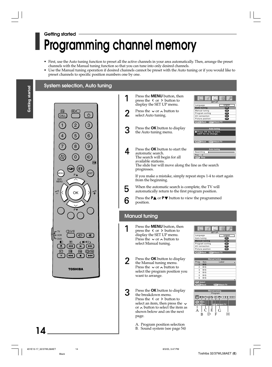 Manual tuning, System selection, auto tuning, Getting started | Toshiba 32WL58E User Manual | Page 14 / 56