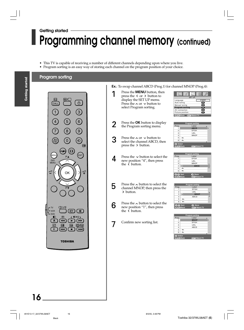 Continued), Program sorting, Getting started | Toshiba 32WL58E User Manual | Page 16 / 56