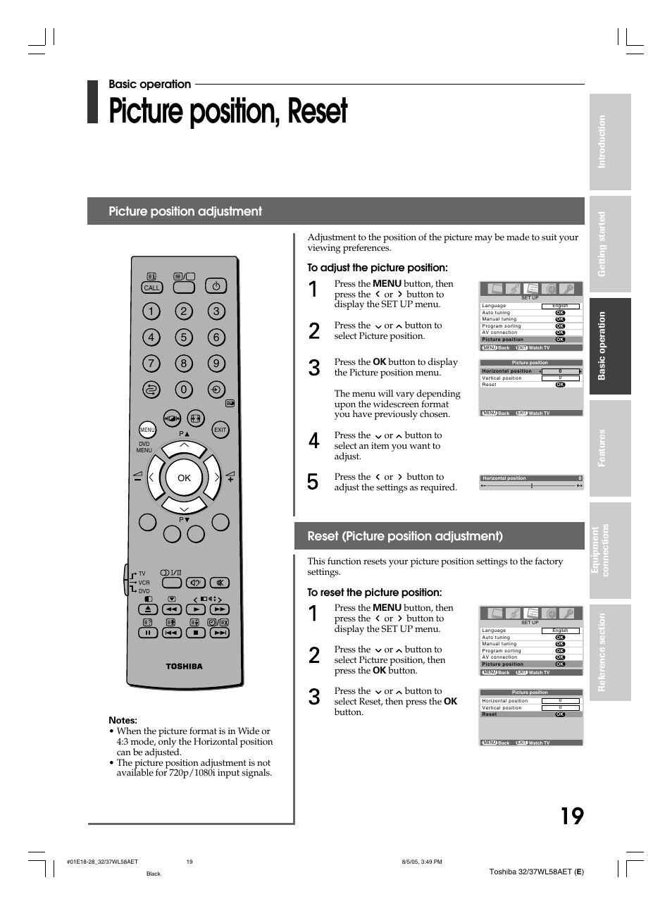 Picture position, reset, Reset (picture position adjustment), Picture position adjustment | Basic operation | Toshiba 32WL58E User Manual | Page 19 / 56