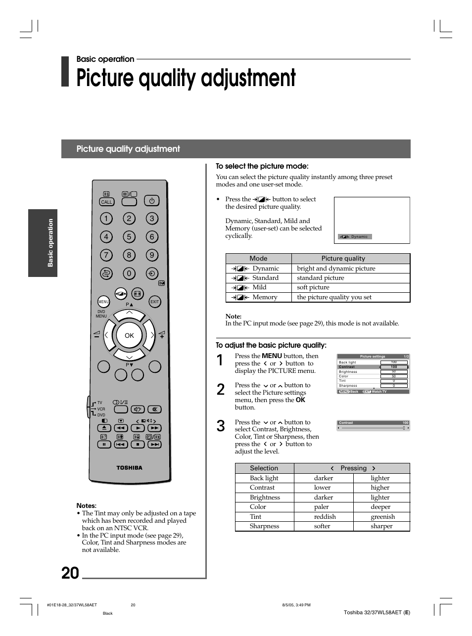 Picture quality adjustment, Basic operation | Toshiba 32WL58E User Manual | Page 20 / 56