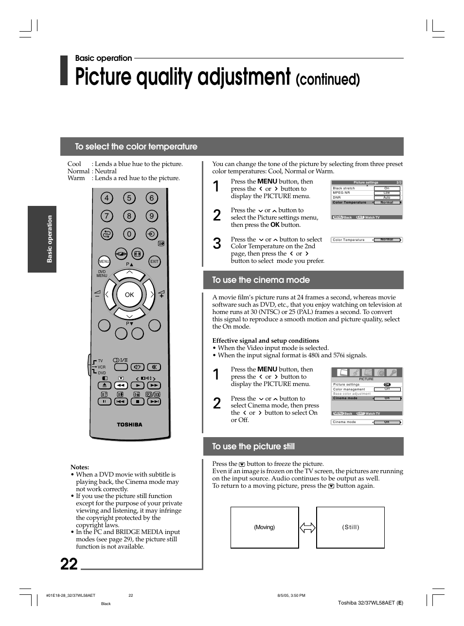 Picture quality adjustment, Continued), Basic operation | Toshiba 32WL58E User Manual | Page 22 / 56