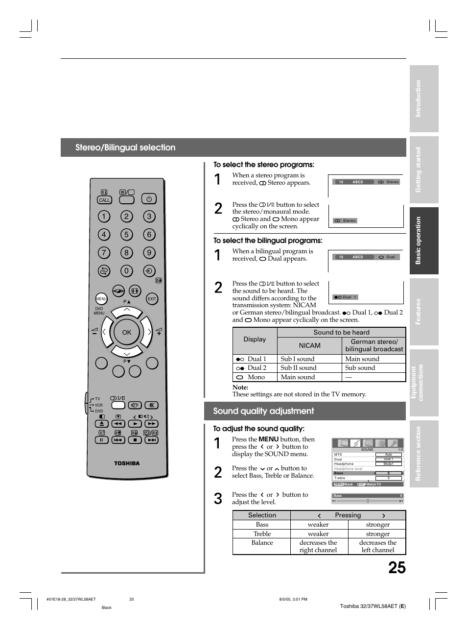 Stereo/bilingual selection, Sound quality adjustment | Toshiba 32WL58E User Manual | Page 25 / 56