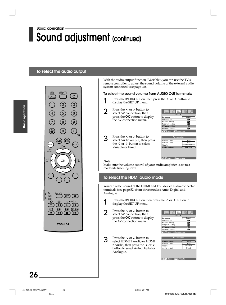 Sound adjustment, Continued), Basic operation | Basic oper ation | Toshiba 32WL58E User Manual | Page 26 / 56