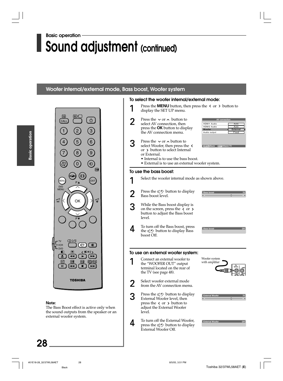 Sound adjustment, Continued), Basic operation | Toshiba 32WL58E User Manual | Page 28 / 56