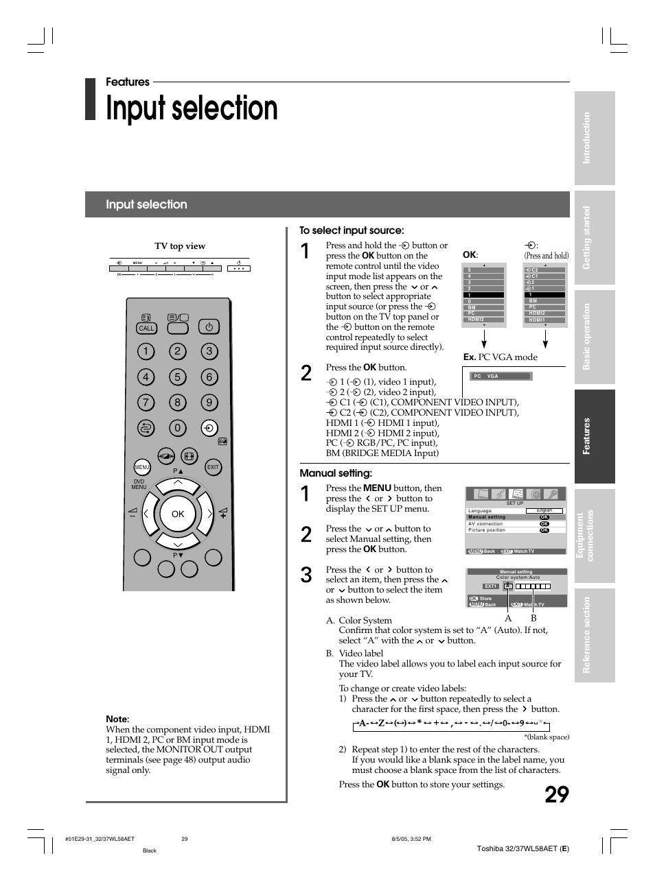 Input selection, Features | Toshiba 32WL58E User Manual | Page 29 / 56
