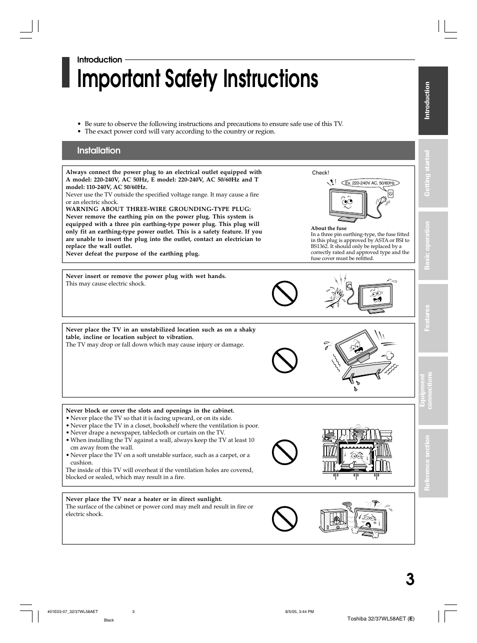 Important safety instructions, Installation | Toshiba 32WL58E User Manual | Page 3 / 56