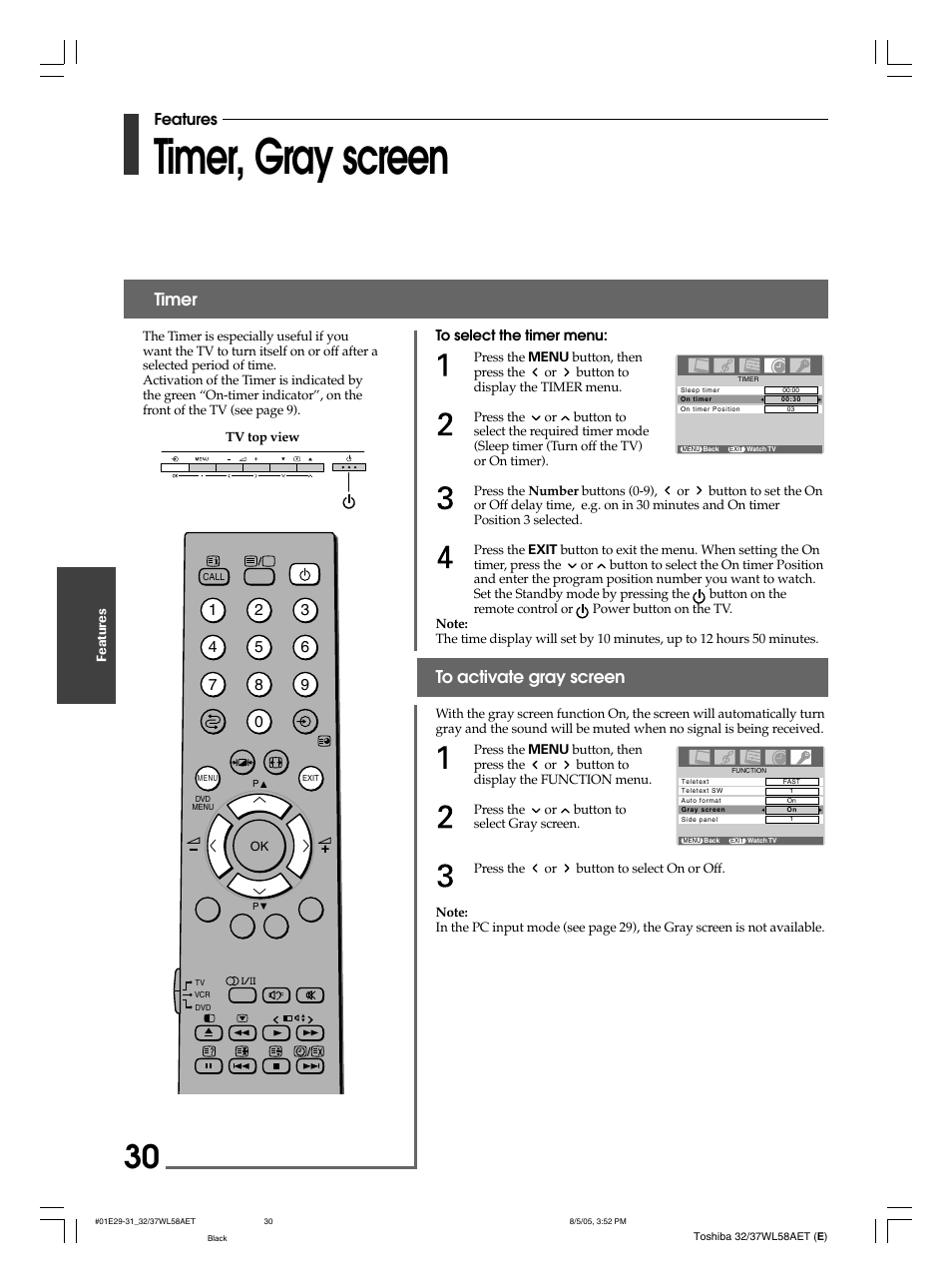 Timer, gray screen, Timer, Features | Toshiba 32WL58E User Manual | Page 30 / 56