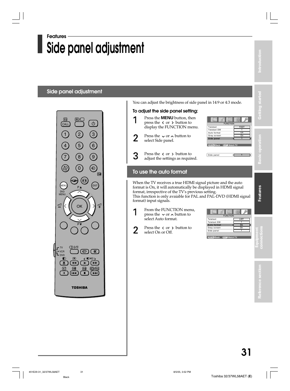 Side panel adjustment, Features | Toshiba 32WL58E User Manual | Page 31 / 56
