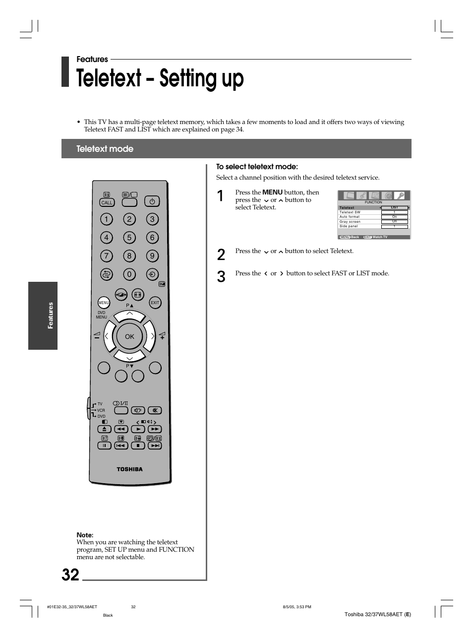 Teletext – setting up, Teletext mode, Features | Toshiba 32WL58E User Manual | Page 32 / 56