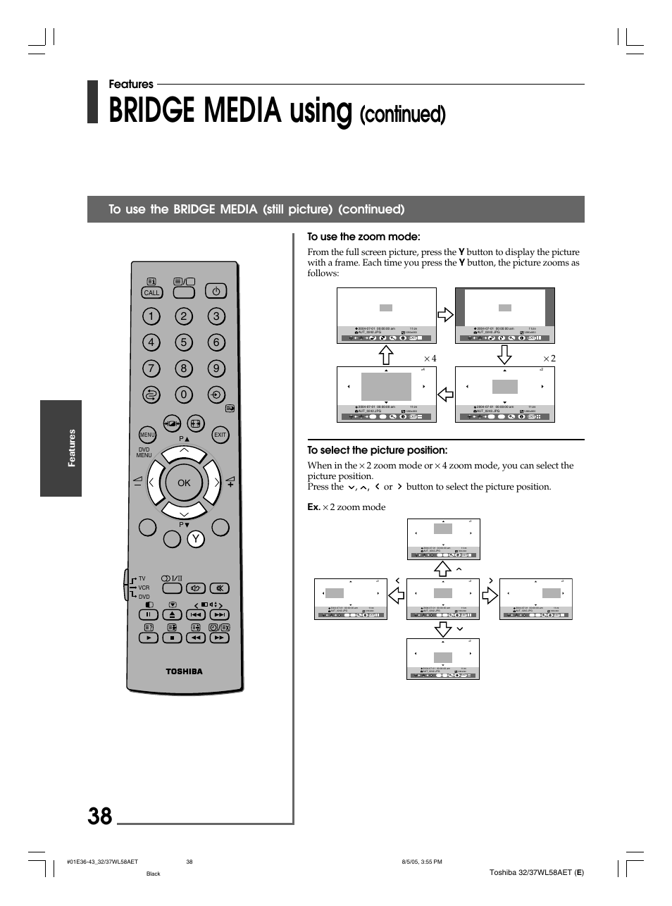 Bridge media using, Continued), Features | Featur es | Toshiba 32WL58E User Manual | Page 38 / 56