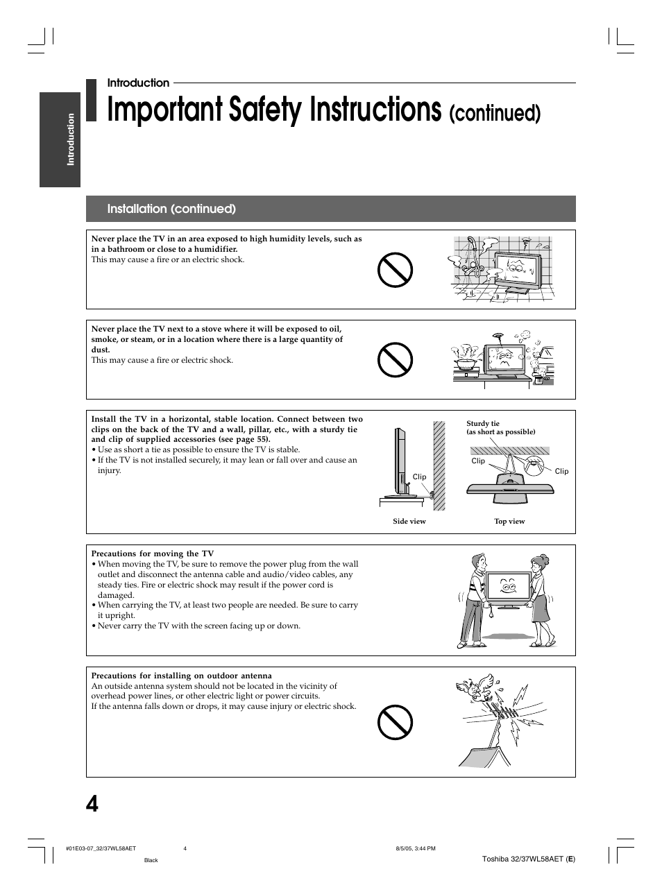 Important safety instructions, Continued) | Toshiba 32WL58E User Manual | Page 4 / 56