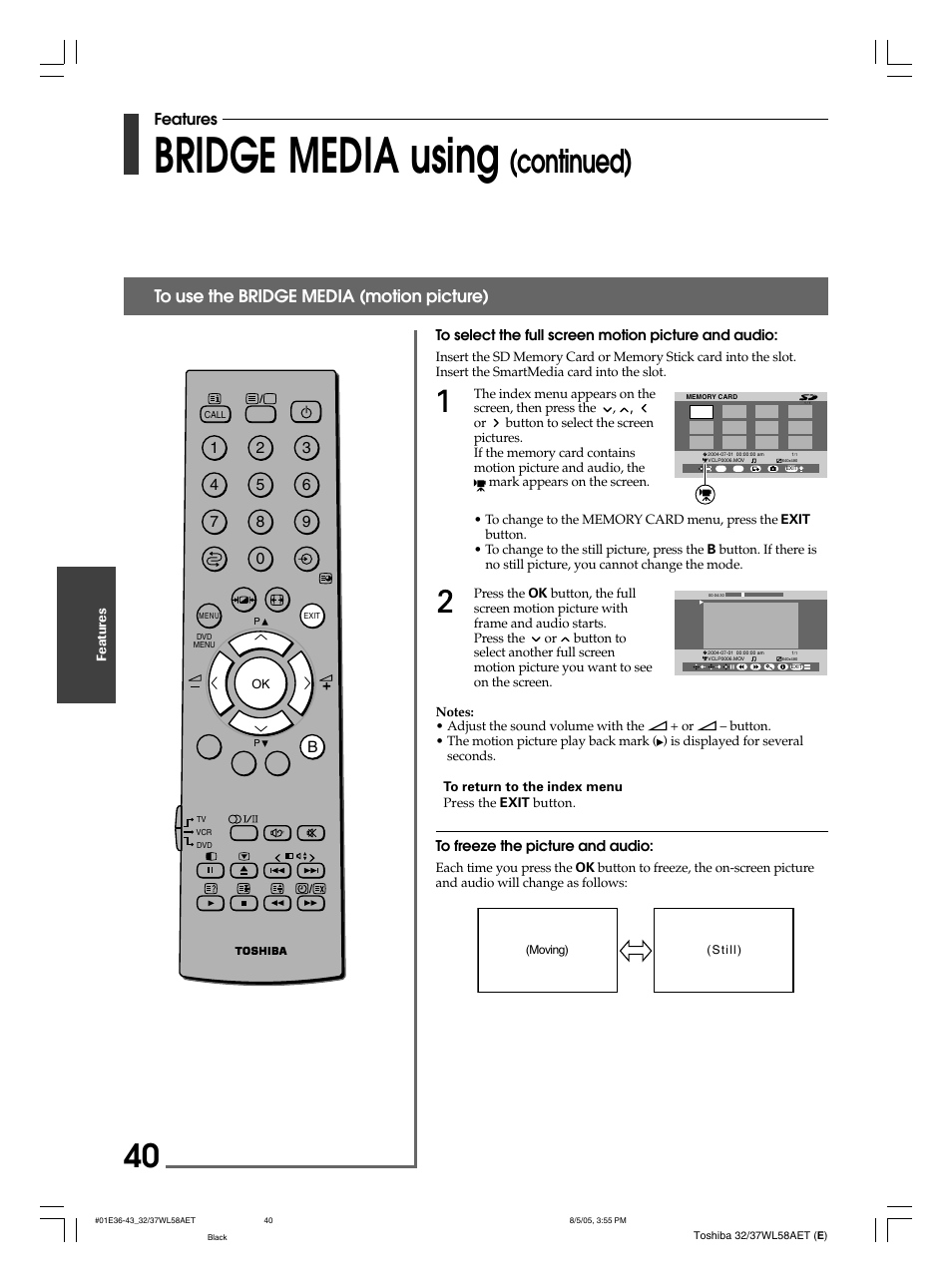 Bridge media using, Continued), Features | Toshiba 32WL58E User Manual | Page 40 / 56