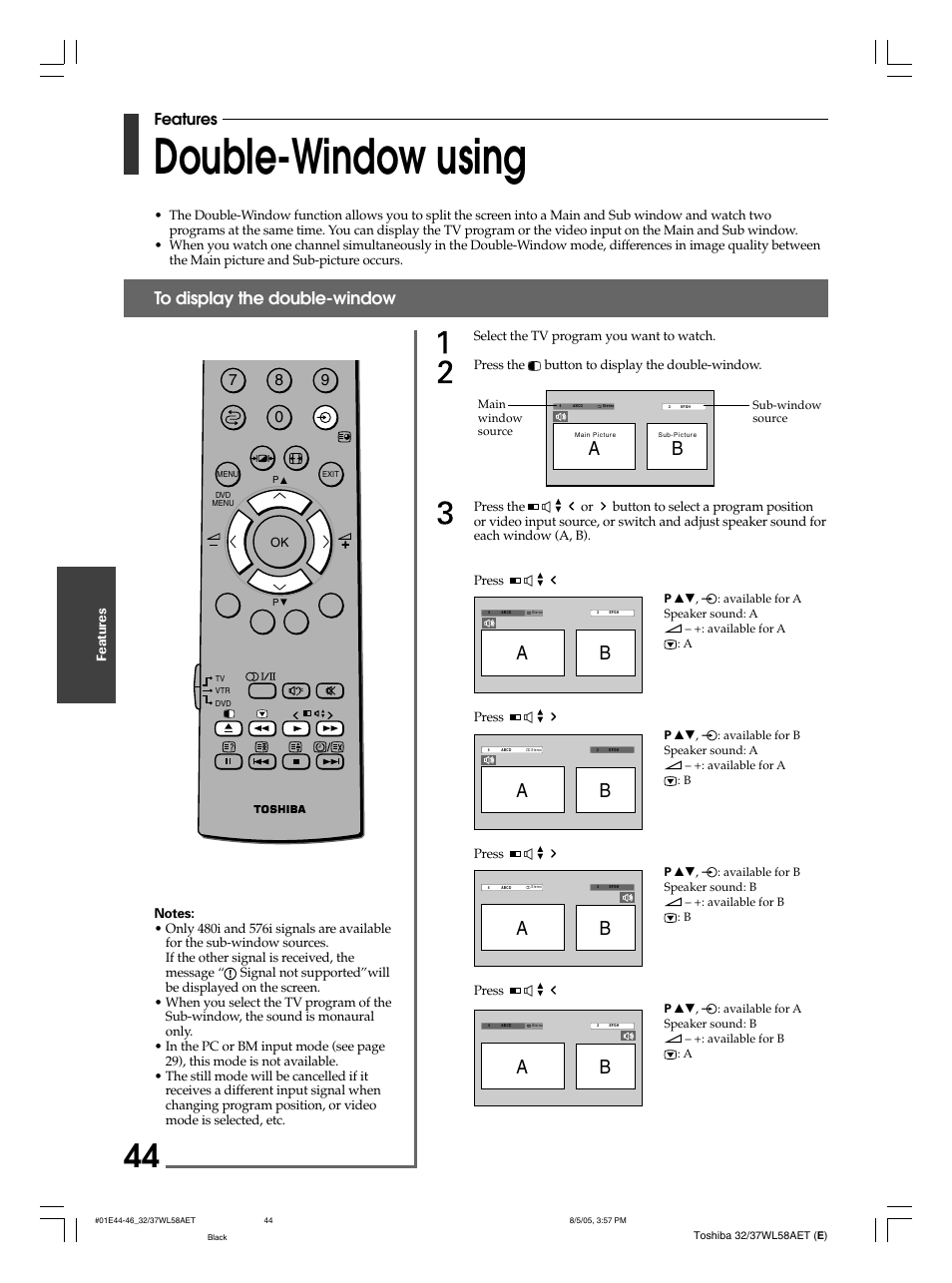 Double-window using, Features | Toshiba 32WL58E User Manual | Page 44 / 56