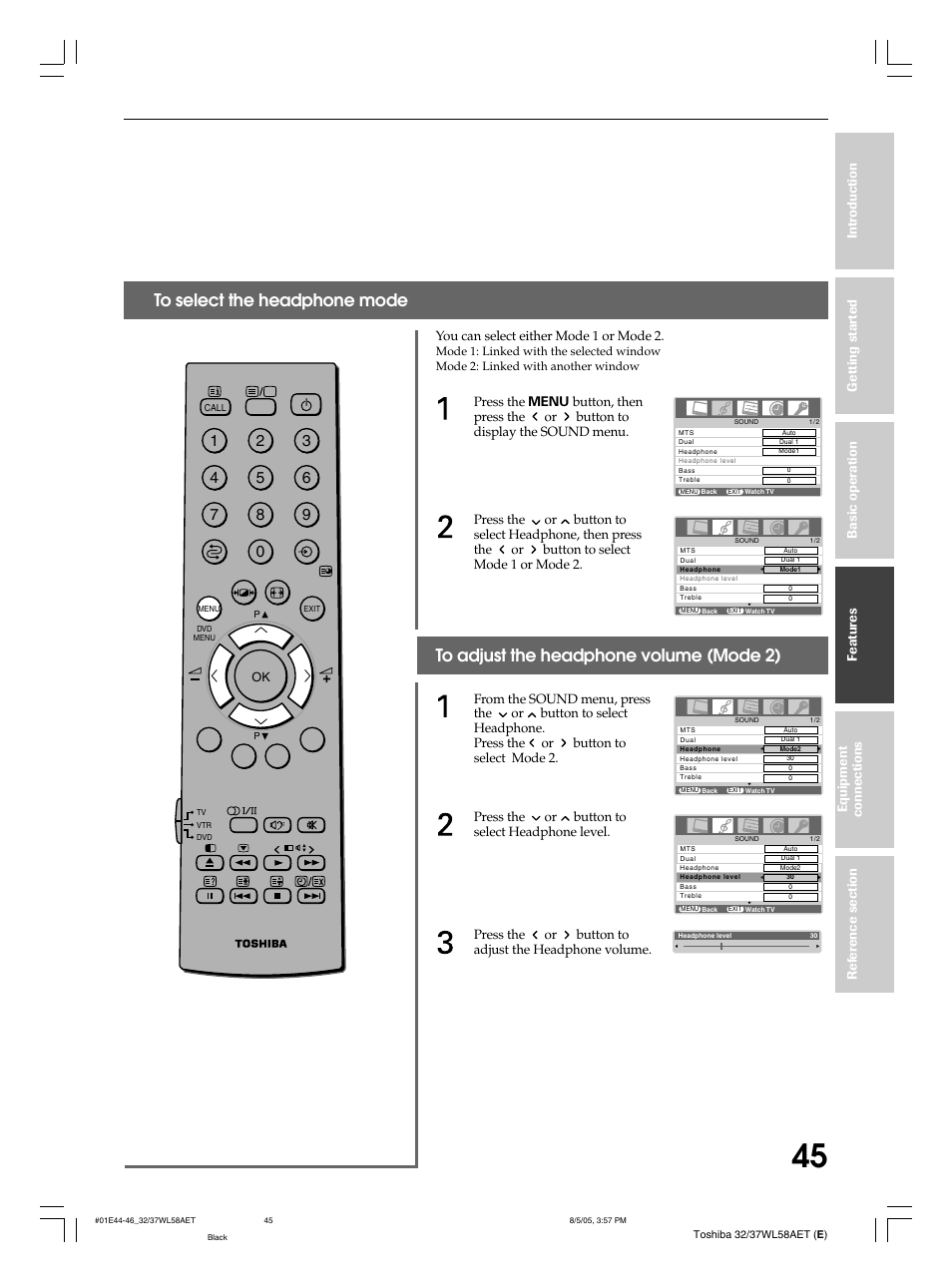 You can select either mode 1 or mode 2 | Toshiba 32WL58E User Manual | Page 45 / 56