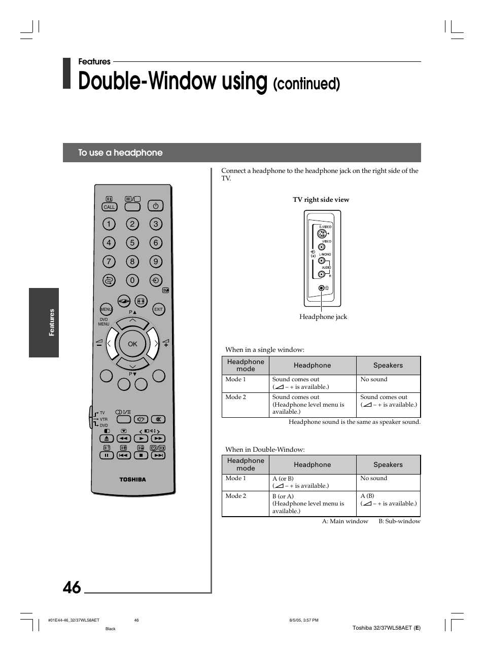 Double-window using, Continued) | Toshiba 32WL58E User Manual | Page 46 / 56