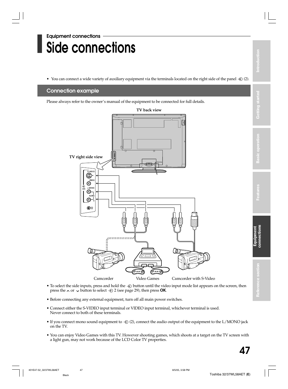 Side connections | Toshiba 32WL58E User Manual | Page 47 / 56