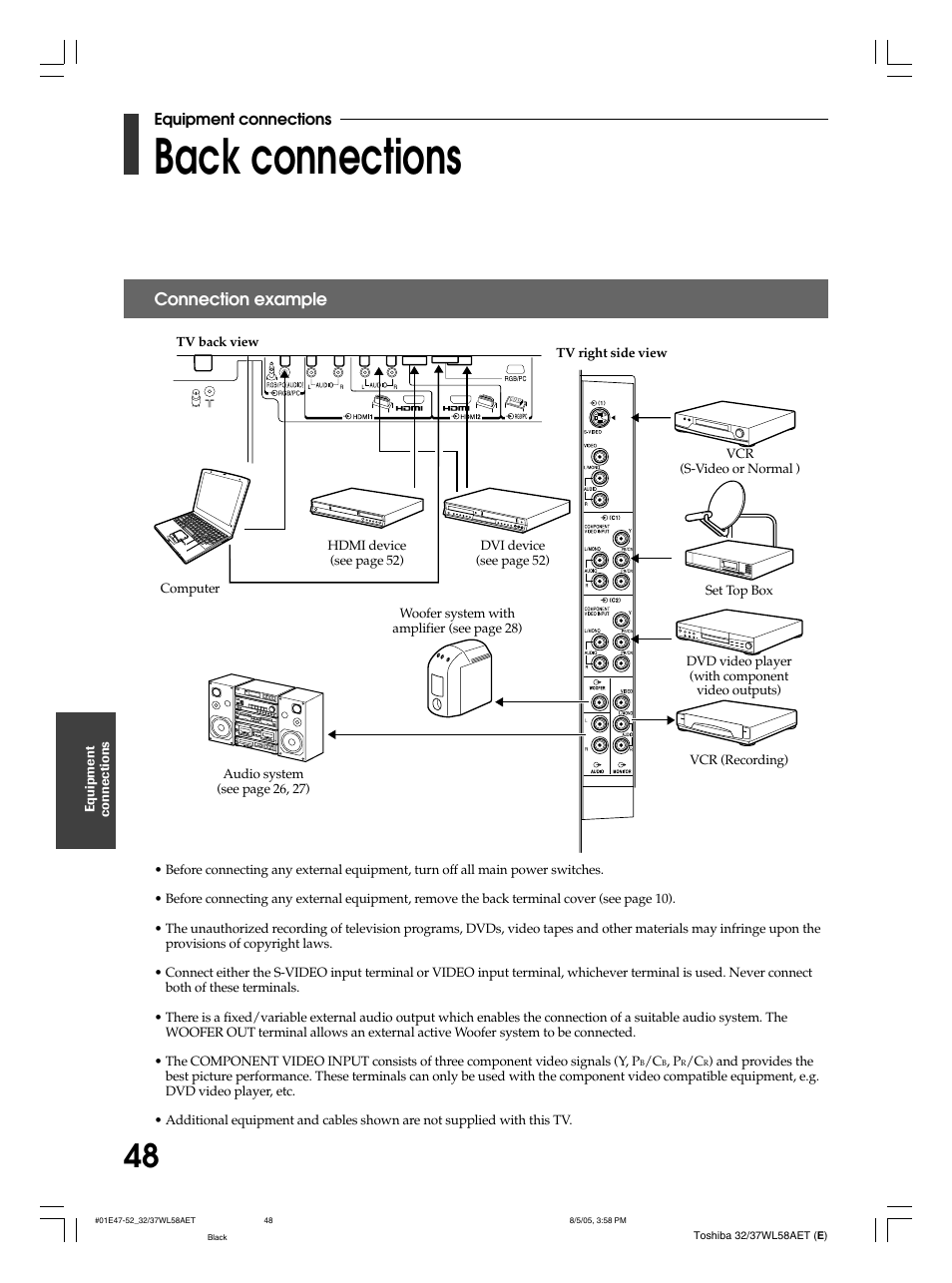 Back connections, Connection example | Toshiba 32WL58E User Manual | Page 48 / 56