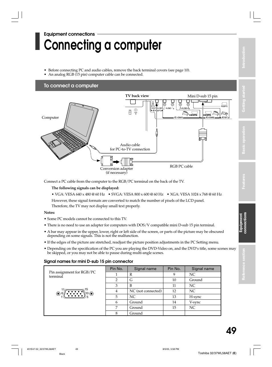 Connecting a computer | Toshiba 32WL58E User Manual | Page 49 / 56