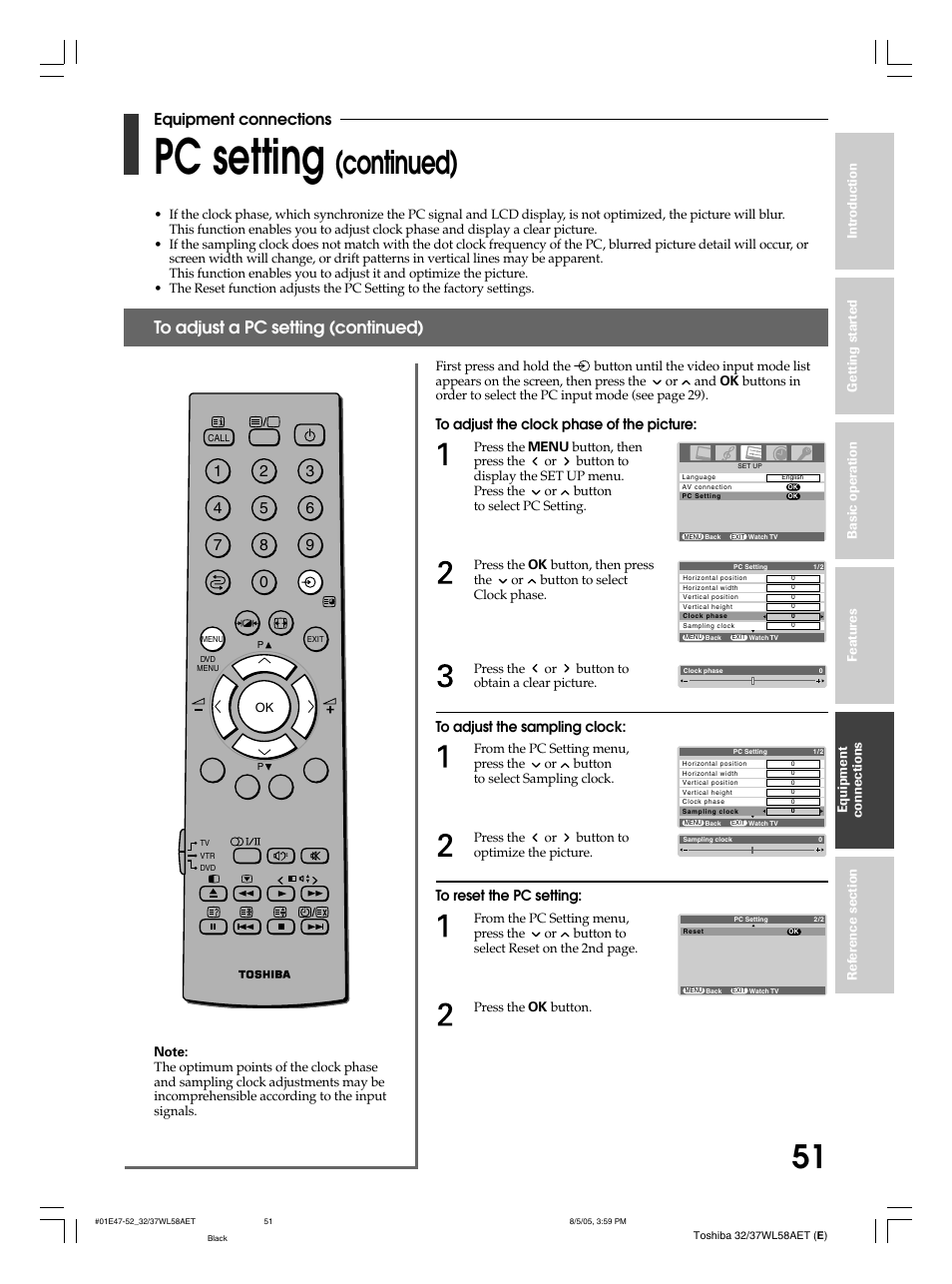 Pc setting, Continued), Equipment connections | Toshiba 32WL58E User Manual | Page 51 / 56