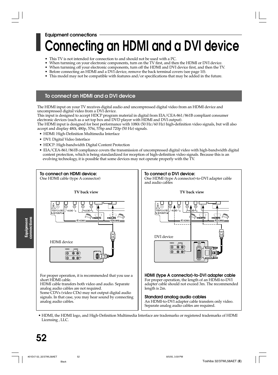 Connecting an hdmi and a dvi device, Equipment connections | Toshiba 32WL58E User Manual | Page 52 / 56