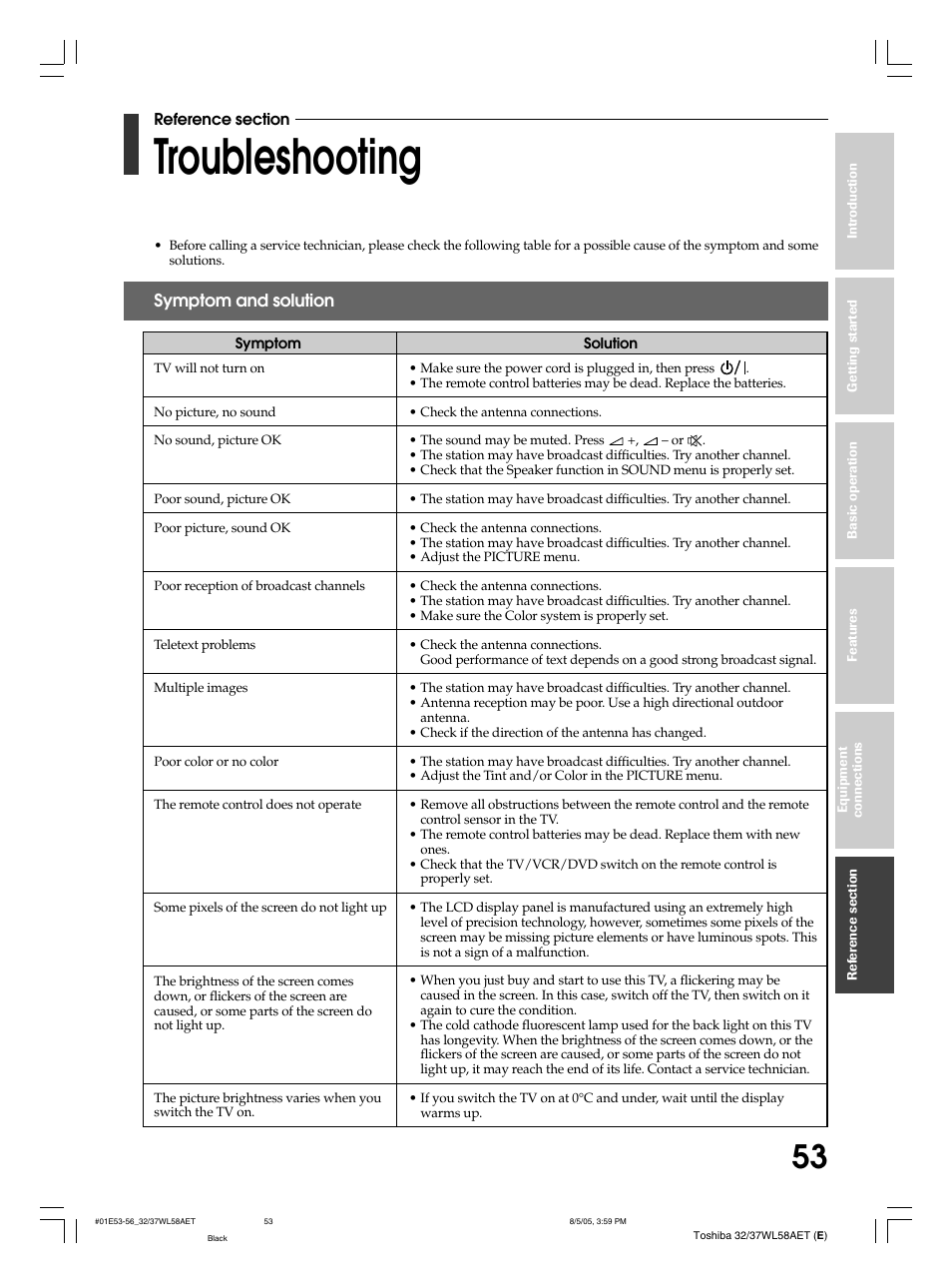 Troubleshooting | Toshiba 32WL58E User Manual | Page 53 / 56