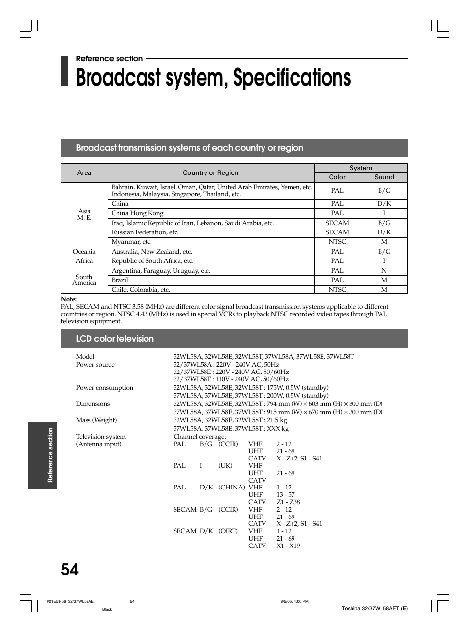 Broadcast system, specifications, Lcd color television | Toshiba 32WL58E User Manual | Page 54 / 56