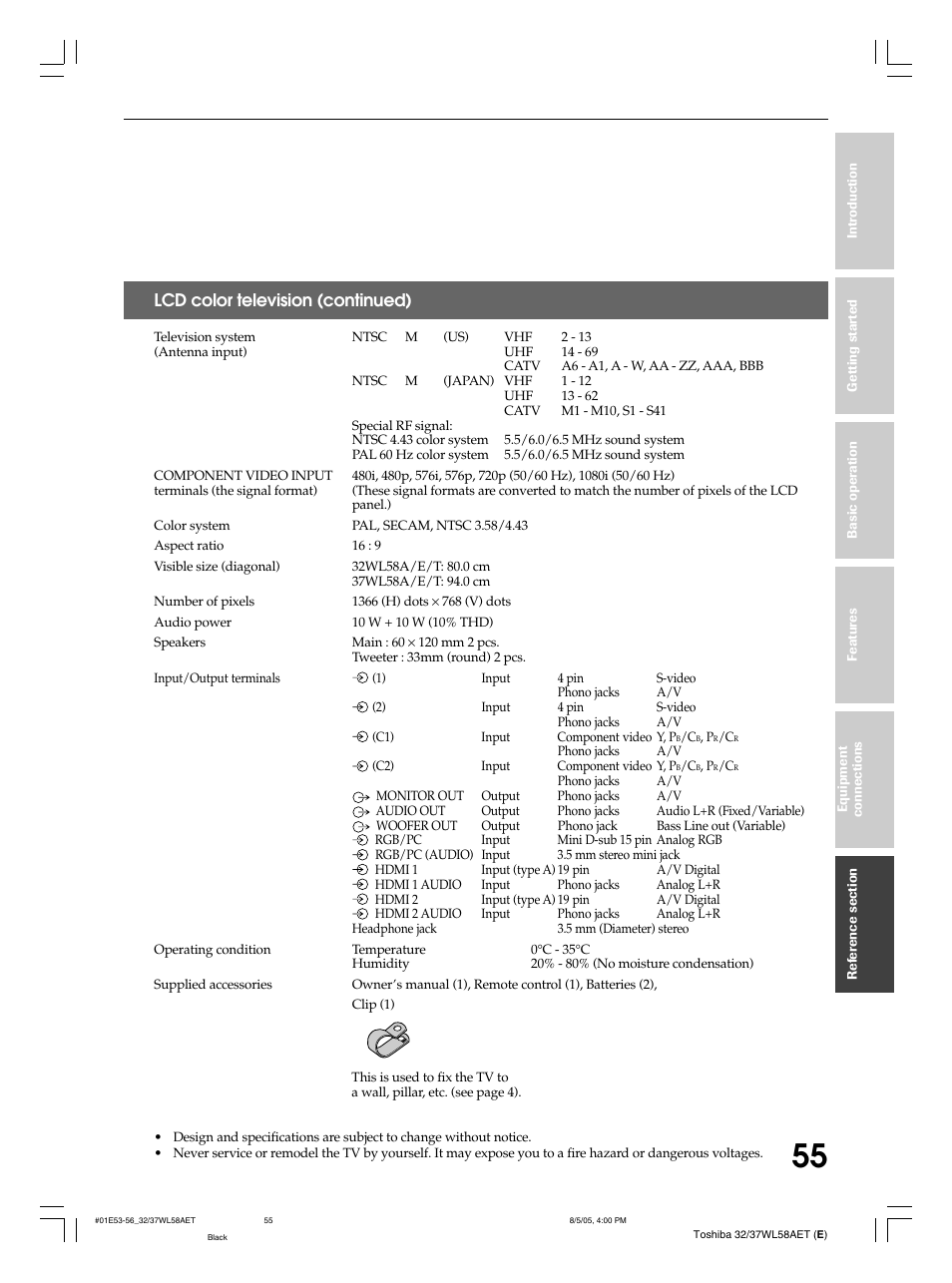 Lcd color television (continued) | Toshiba 32WL58E User Manual | Page 55 / 56