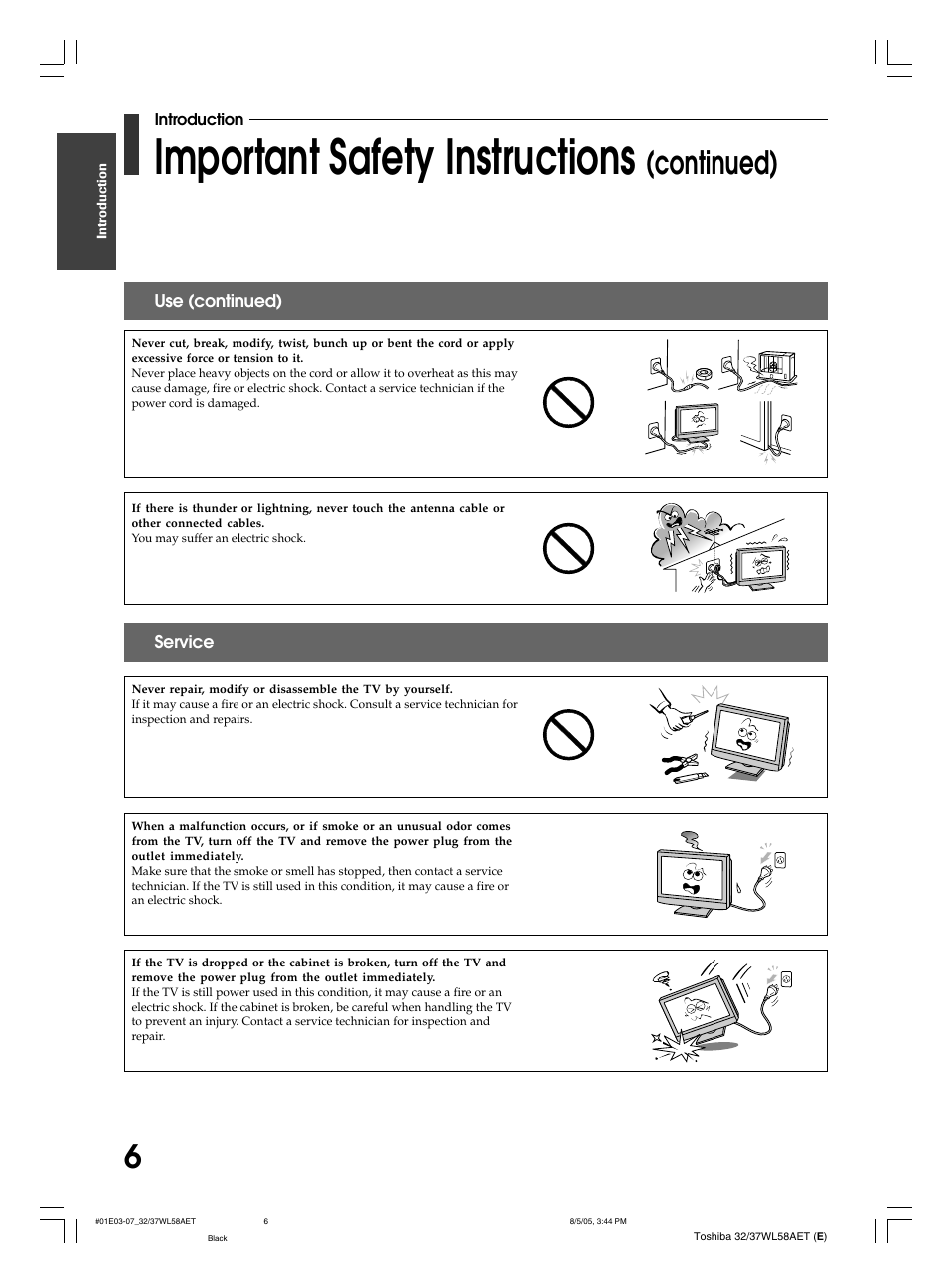 Important safety instructions, Continued) | Toshiba 32WL58E User Manual | Page 6 / 56