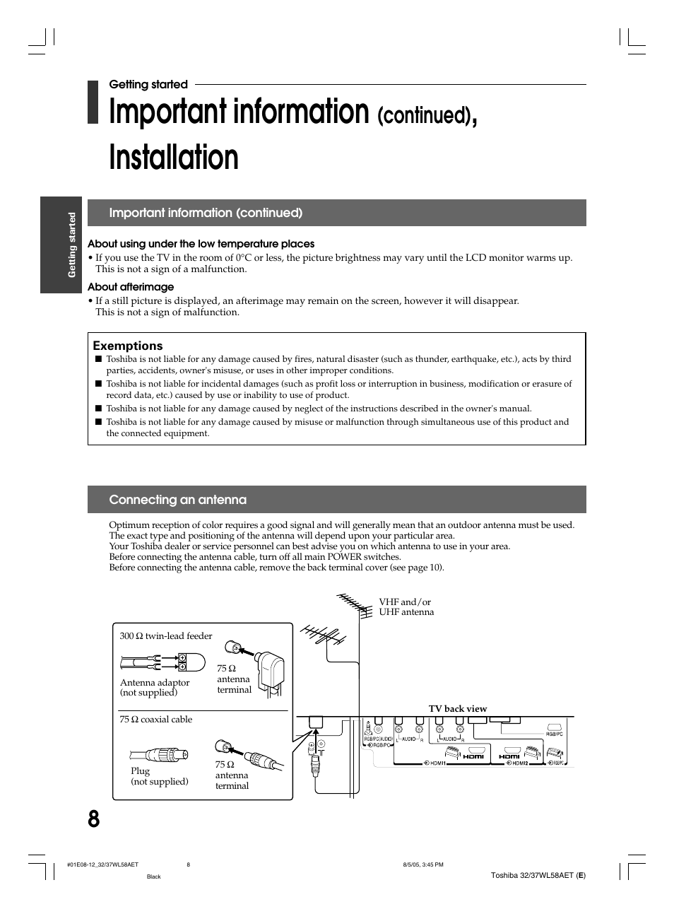 Important information, Installation, Continued) | Toshiba 32WL58E User Manual | Page 8 / 56