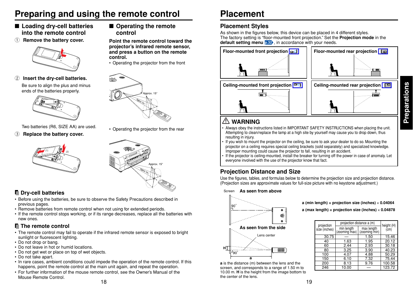 Preparing and using the remote control, Placement, P.18 | Preparing and using the remote control placement, Preparations | Toshiba TDP-TW90A User Manual | Page 10 / 37