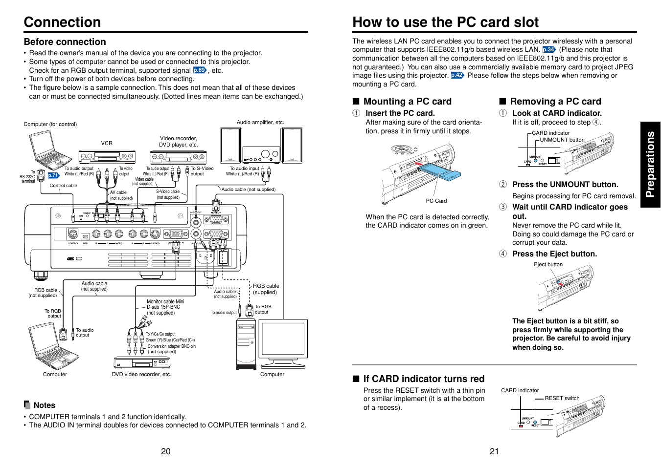 Connection, How to use the pc card slot, P.21 | Preparations, Before connection, Removing a pc card, Mounting a pc card, If card indicator turns red | Toshiba TDP-TW90A User Manual | Page 11 / 37