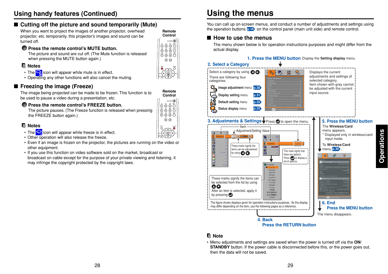 Freezing the image (freeze), Using the menus, How to use the menus | P.29, P.28, Operations, Using handy features (continued) | Toshiba TDP-TW90A User Manual | Page 15 / 37