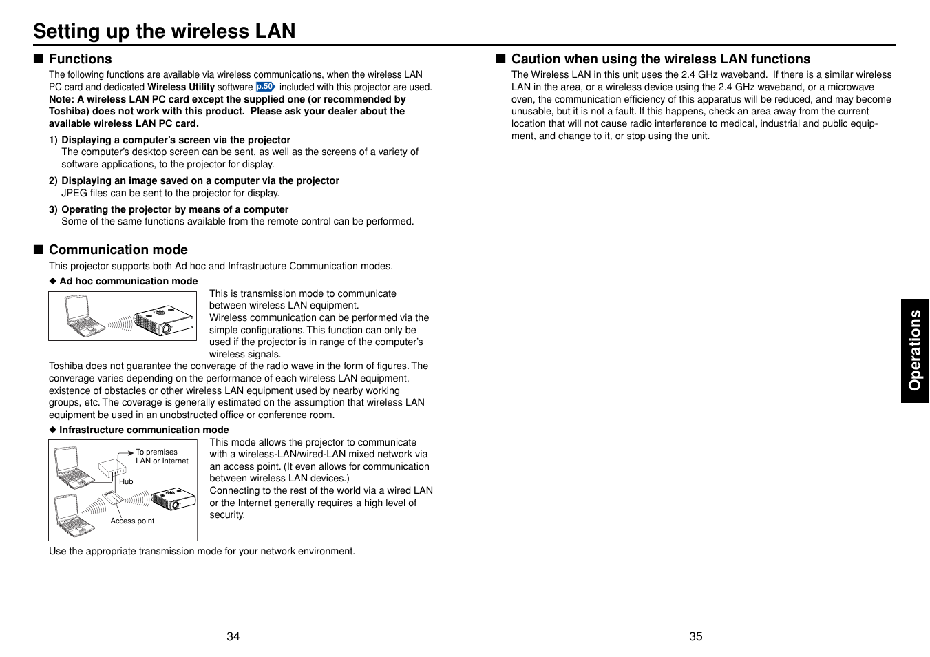 Setting up the wireless lan, Functions, Communication mode | Caution when using the wireless lan functions, P.34, Operations | Toshiba TDP-TW90A User Manual | Page 18 / 37