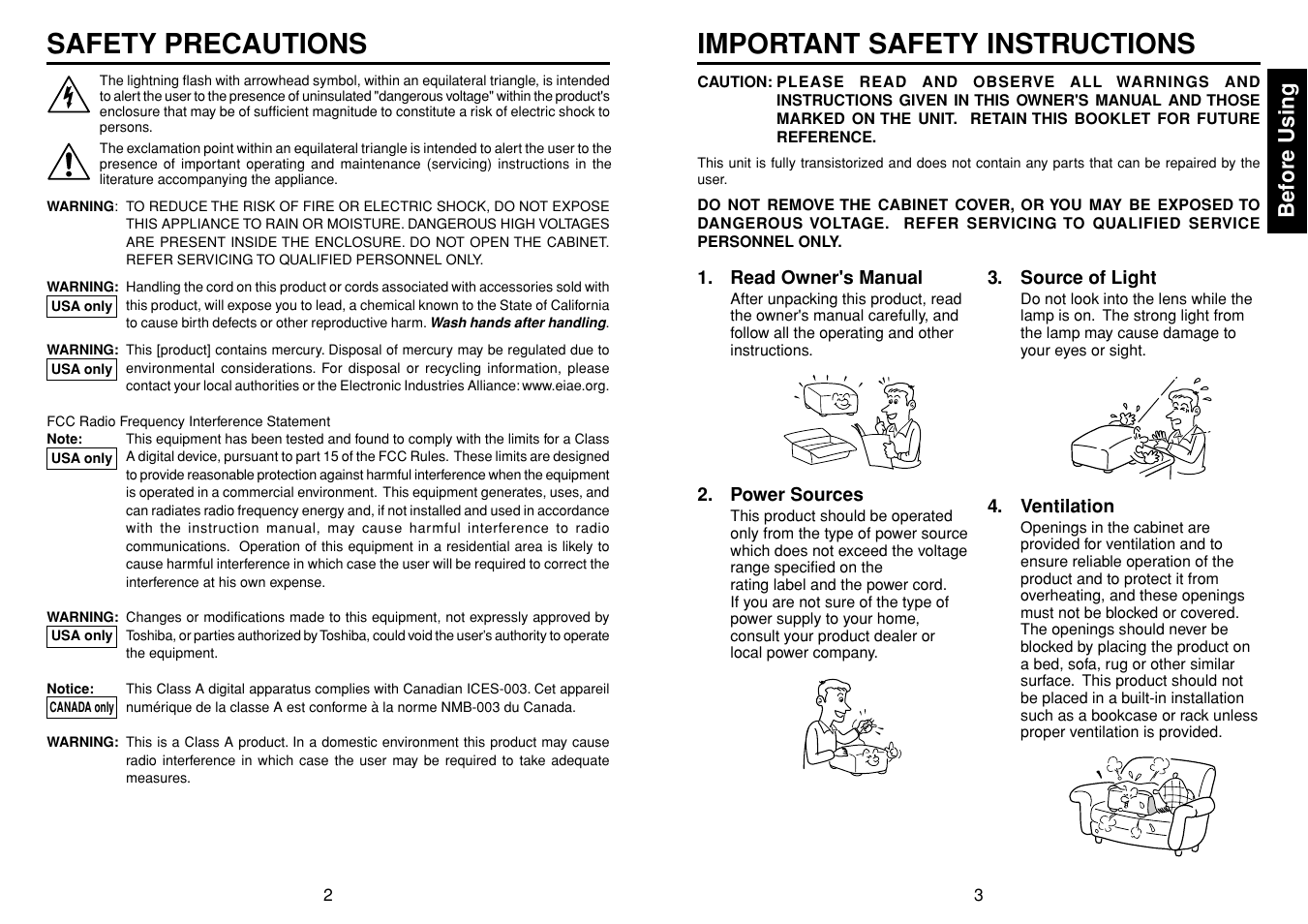 Before using, Safety precautions, Important safety instructions | Toshiba TDP-TW90A User Manual | Page 2 / 37