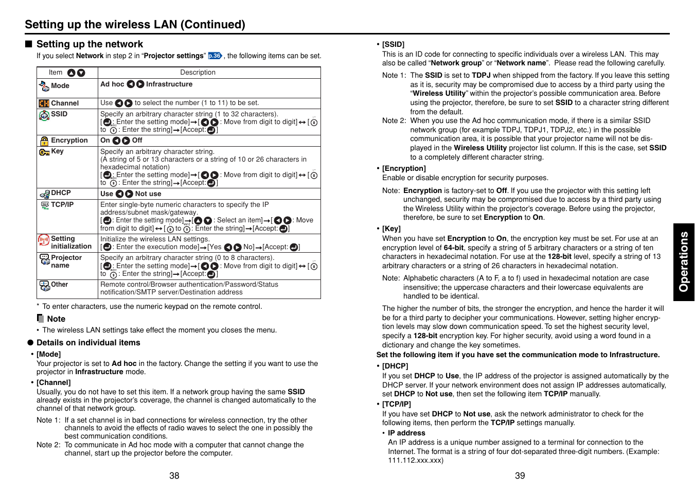 Setting up the network, Operations, Setting up the wireless lan (continued) | Toshiba TDP-TW90A User Manual | Page 20 / 37