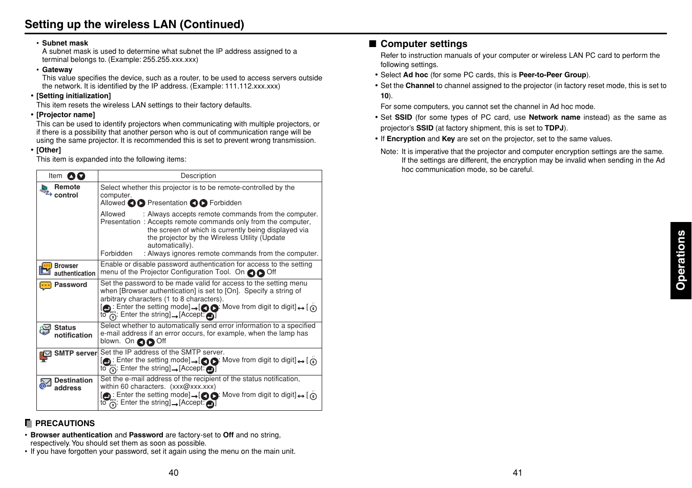 Computer settings, Operations, Setting up the wireless lan (continued) | Toshiba TDP-TW90A User Manual | Page 21 / 37