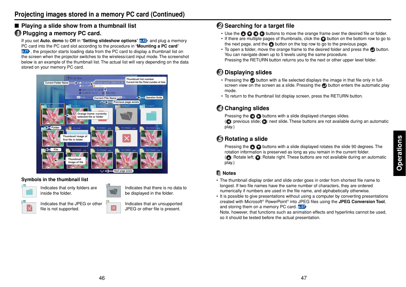 Playing a slide show from a thumbnail list, Operations | Toshiba TDP-TW90A User Manual | Page 24 / 37