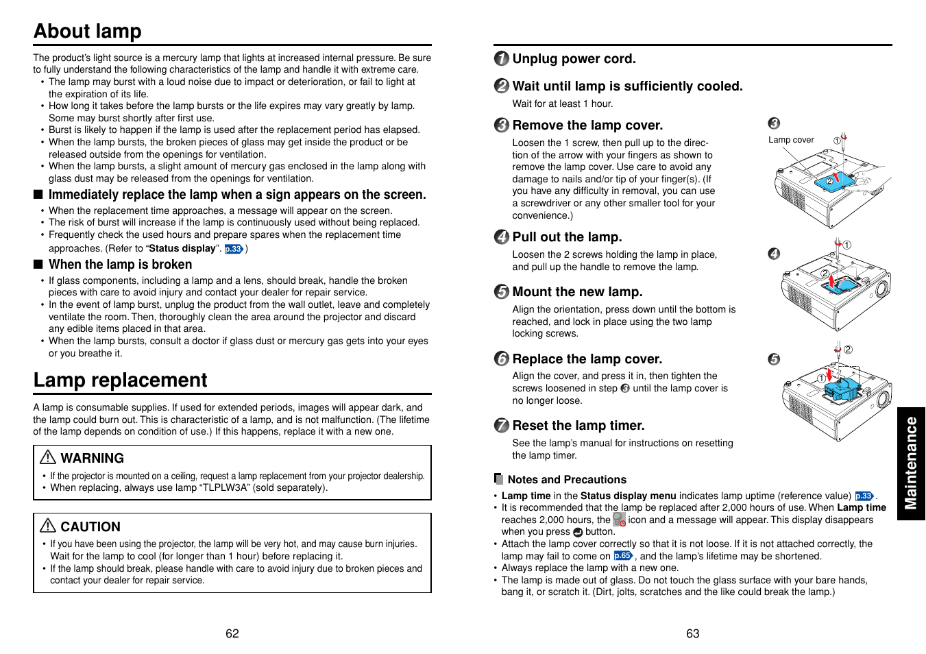 Maintenance, About lamp, Lamp replacement | P.63 | Toshiba TDP-TW90A User Manual | Page 32 / 37