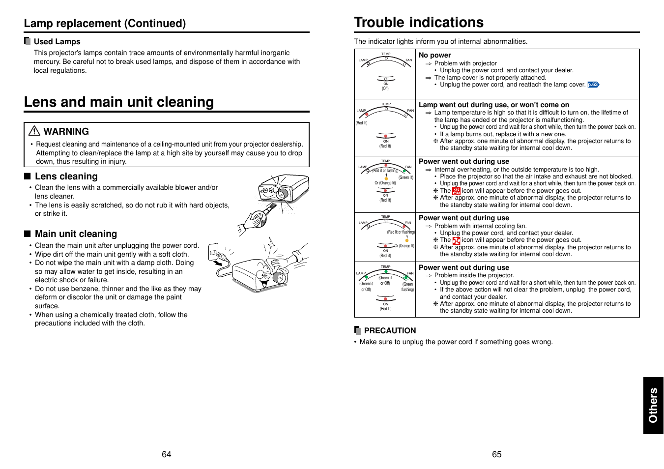 Lens and main unit cleaning, Others, Trouble indications | P.65, Lamp replacement (continued), Warning, Lens cleaning, Main unit cleaning | Toshiba TDP-TW90A User Manual | Page 33 / 37