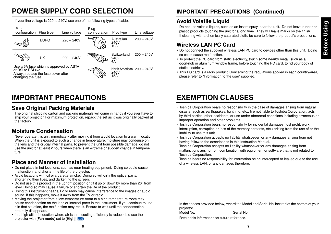 Power supply cord selection, Important precautions, Exemption clauses | Before using, Important precautions (continued), Avoid volatile liquid, Wireless lan pc card, Save original packing materials, Moisture condensation, Place and manner of installation | Toshiba TDP-TW90A User Manual | Page 5 / 37