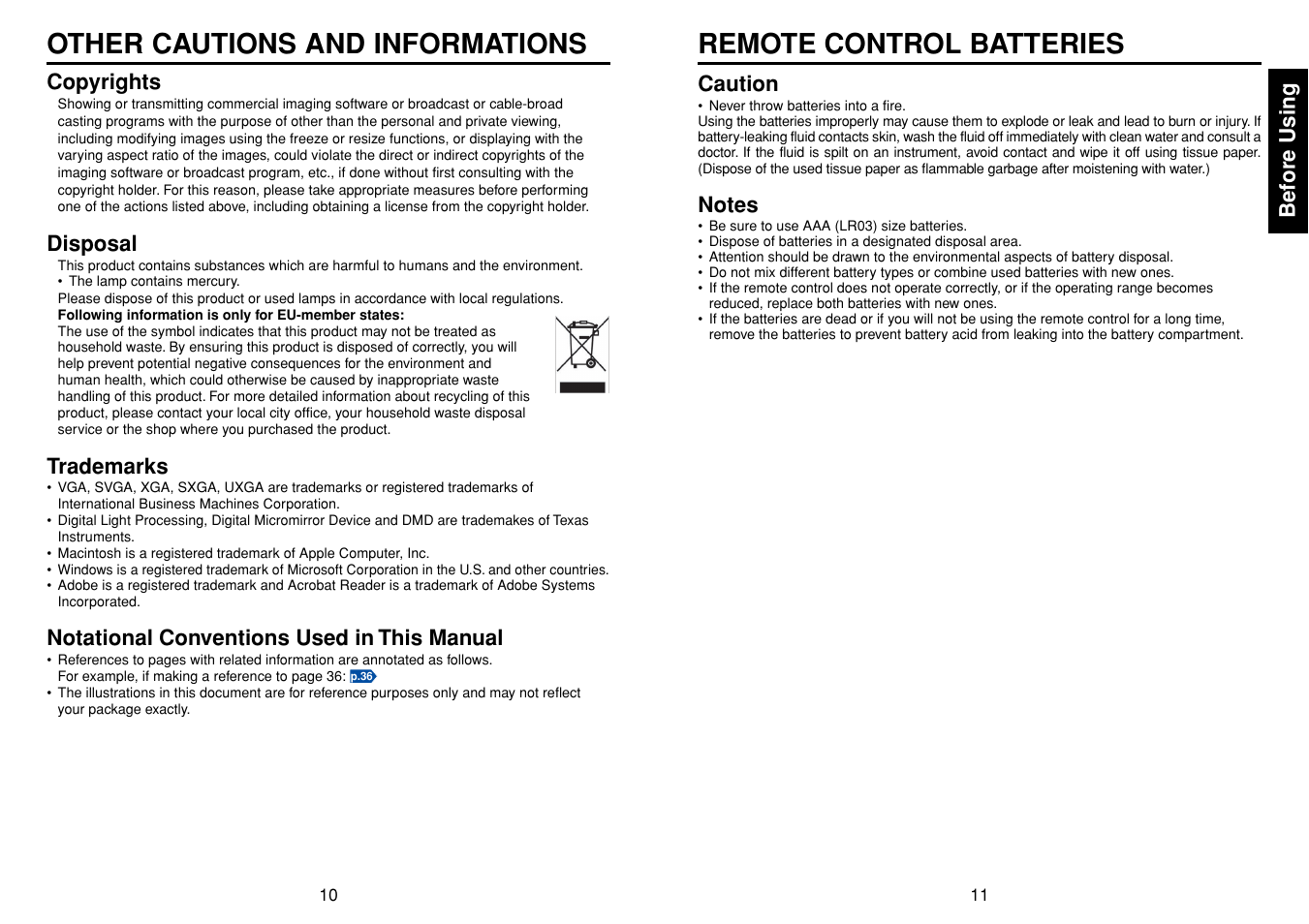 Other cautions and informations, Remote control batteries | Toshiba TDP-TW90A User Manual | Page 6 / 37