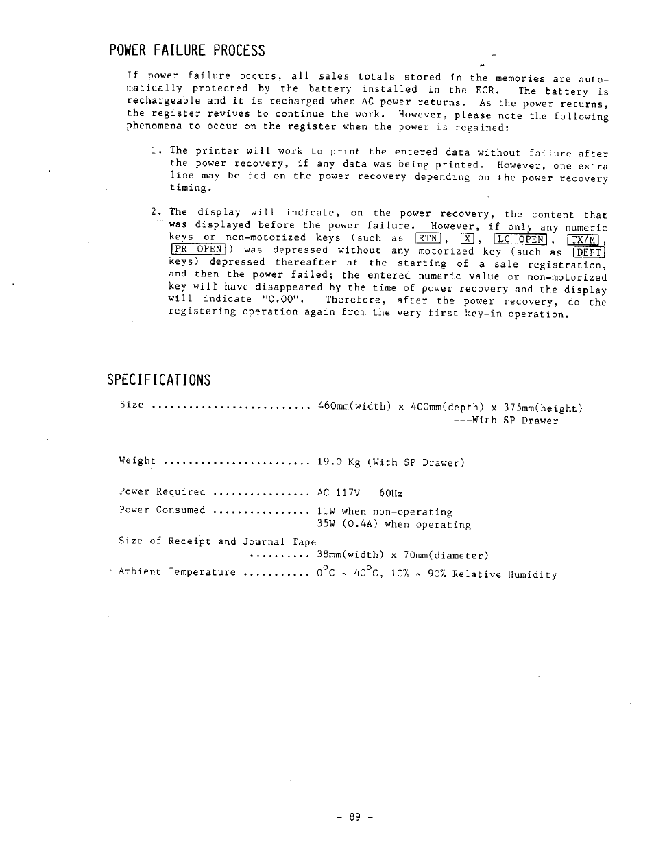 Power failure process, Specifications | Toshiba MA-1050-100 Series User Manual | Page 93 / 96