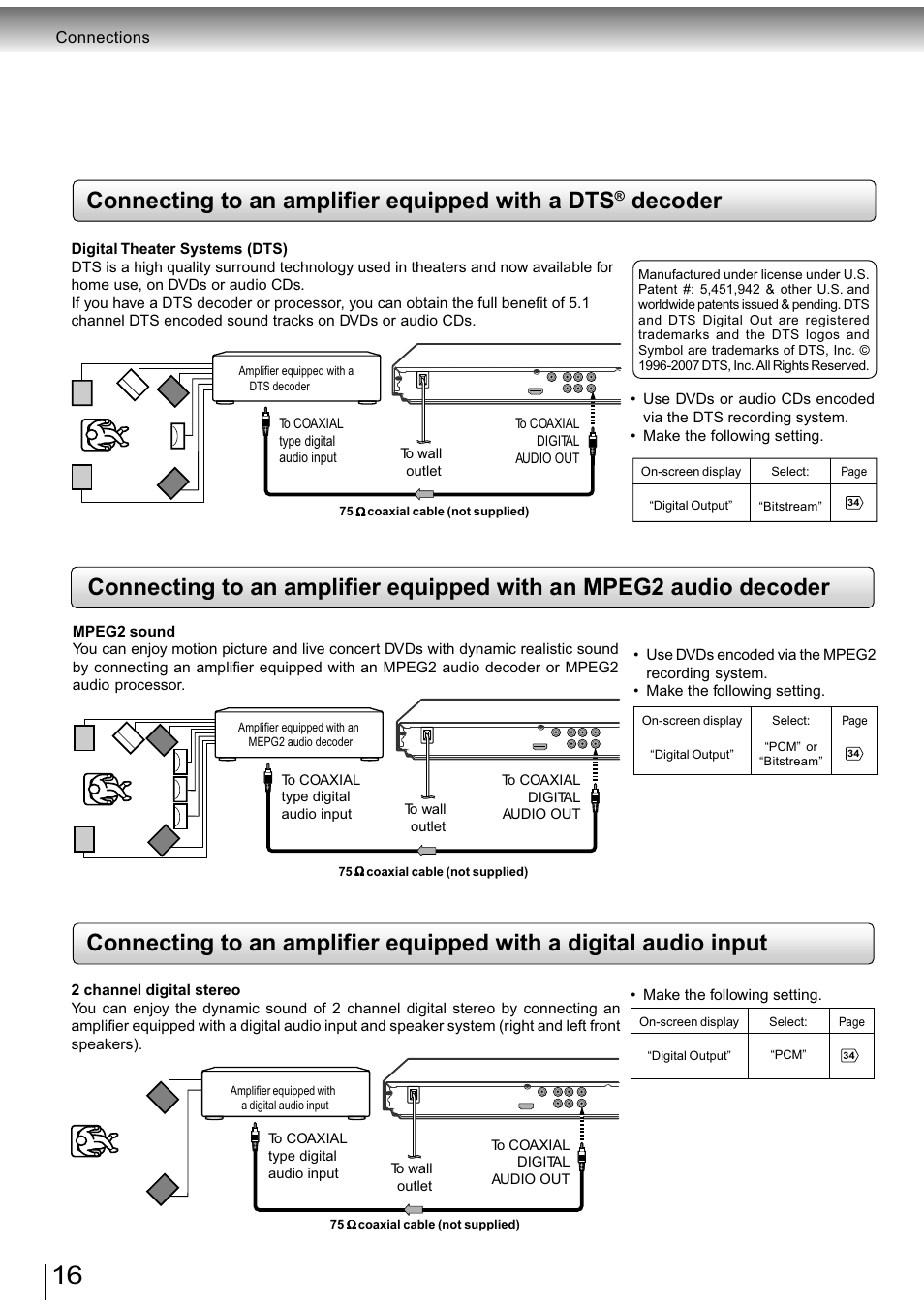 Connecting to an amplifier equipped with a dts, Decoder | Toshiba SD-890KY User Manual | Page 16 / 40