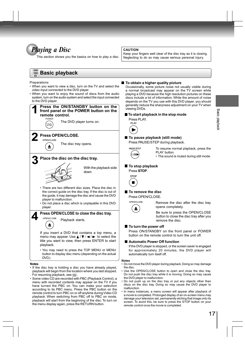 Playing a disc, Basic playback | Toshiba SD-890KY User Manual | Page 17 / 40